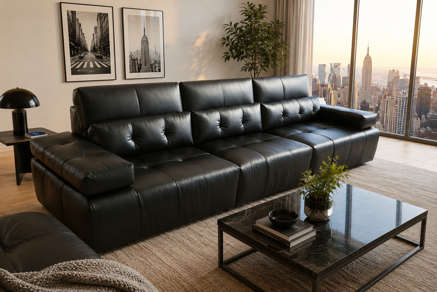 Grand Luxe 4-Seater Modular Sofa – 340cm Black Bonded Leather Tufted Sectional Couch - Image 2