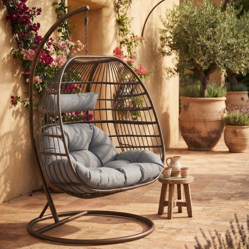 Double Egg Swing Chair | 2-Person Brown Rattan | Grey Cushions | Steel Stand | Indoor & Outdoor | South Africa