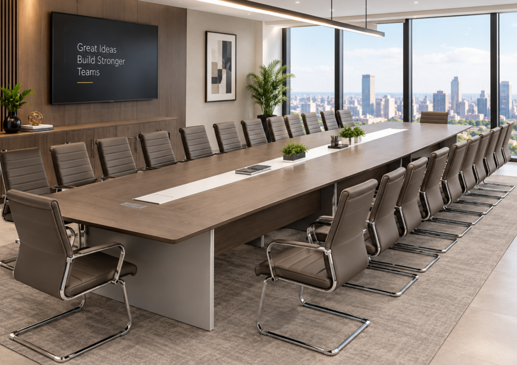 Quinton Executive Boardroom Table — Almond Grey | 800 × 160 × 75 cm | 24–26 Seater | Dual Cable Management