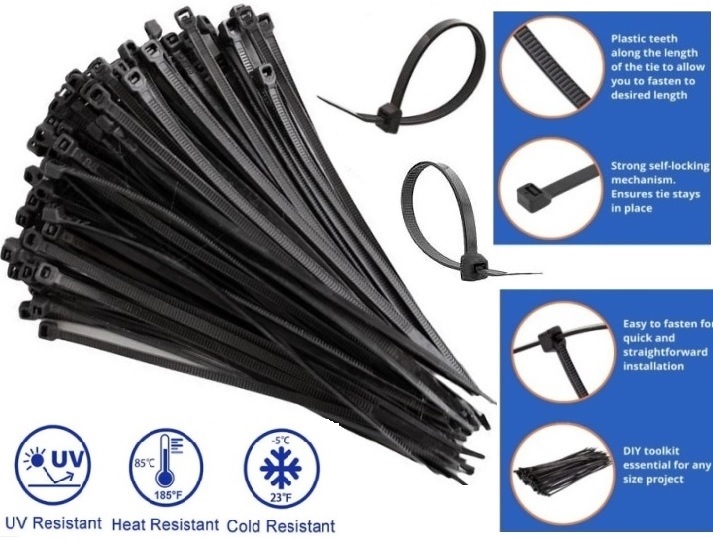Noble 4.8 x 200mm Pack of 100 Black Nylon Cable Ties
