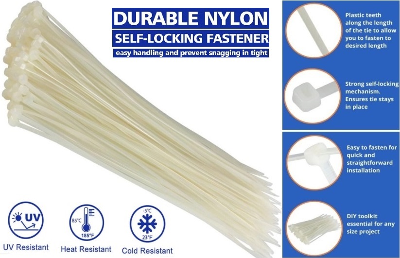 Noble 4.8 x 300mm Pack of 100 White Nylon Cable Ties