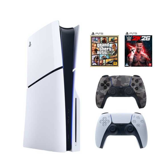 Sony PlayStation 5 Slim bundle with two controllers, GTA V and WWE 2K26